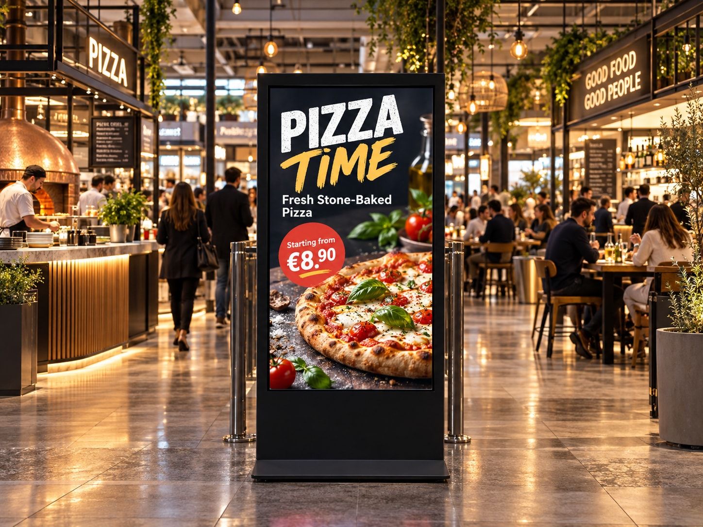 Seabiscuit indoor display with a pizza offer in a busy food hall