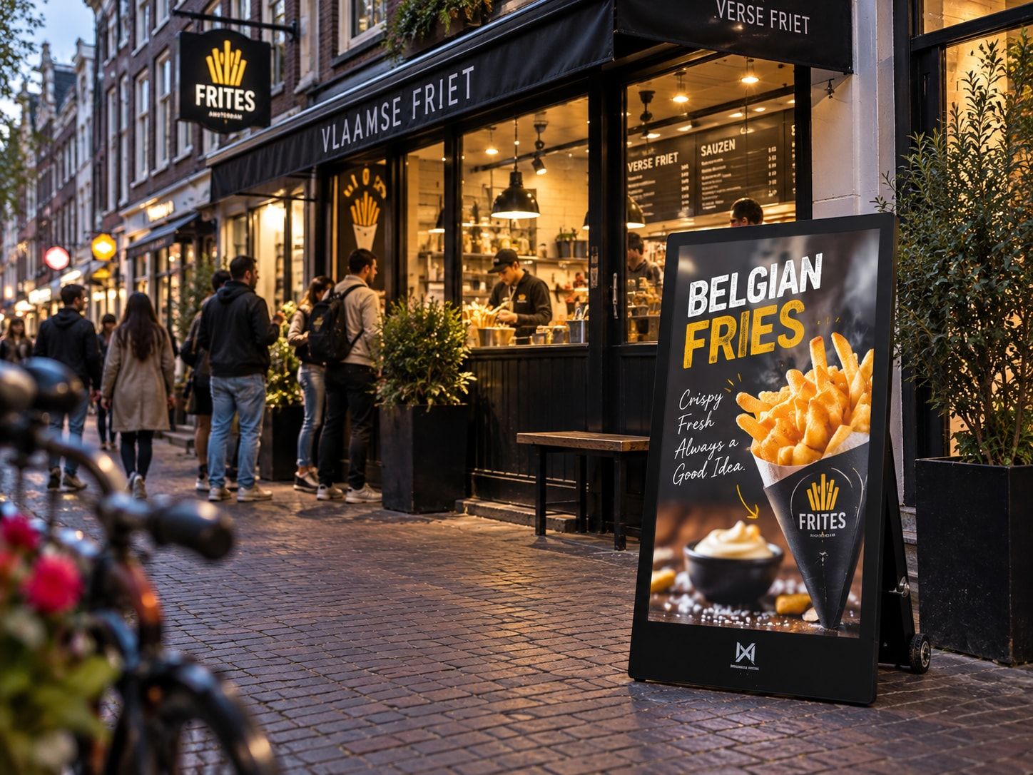 Seabiscuit outdoor display in front of a fries shop in Amsterdam