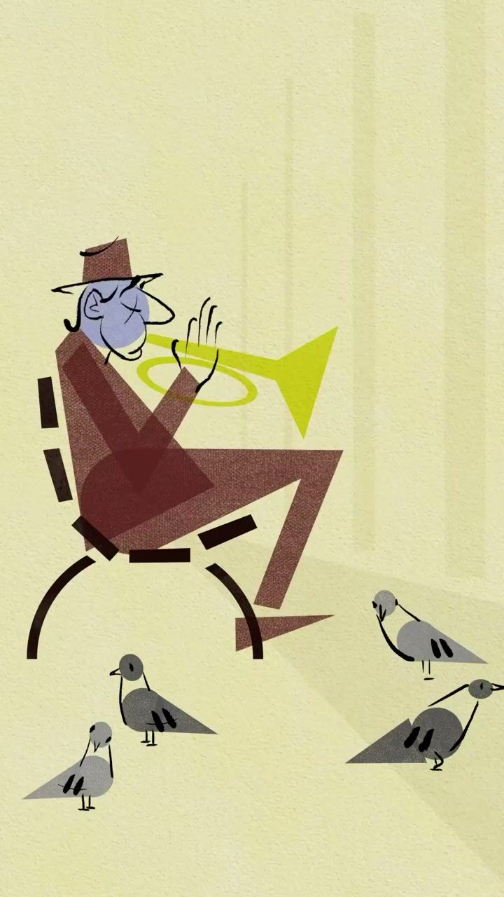 Voorbeeldadvertentie: illustratie van een trompettist met duiven