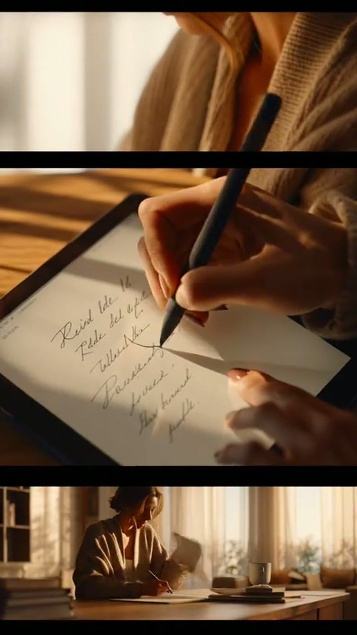 Voorbeeldadvertentie: een hand schrijft op een digitale tablet