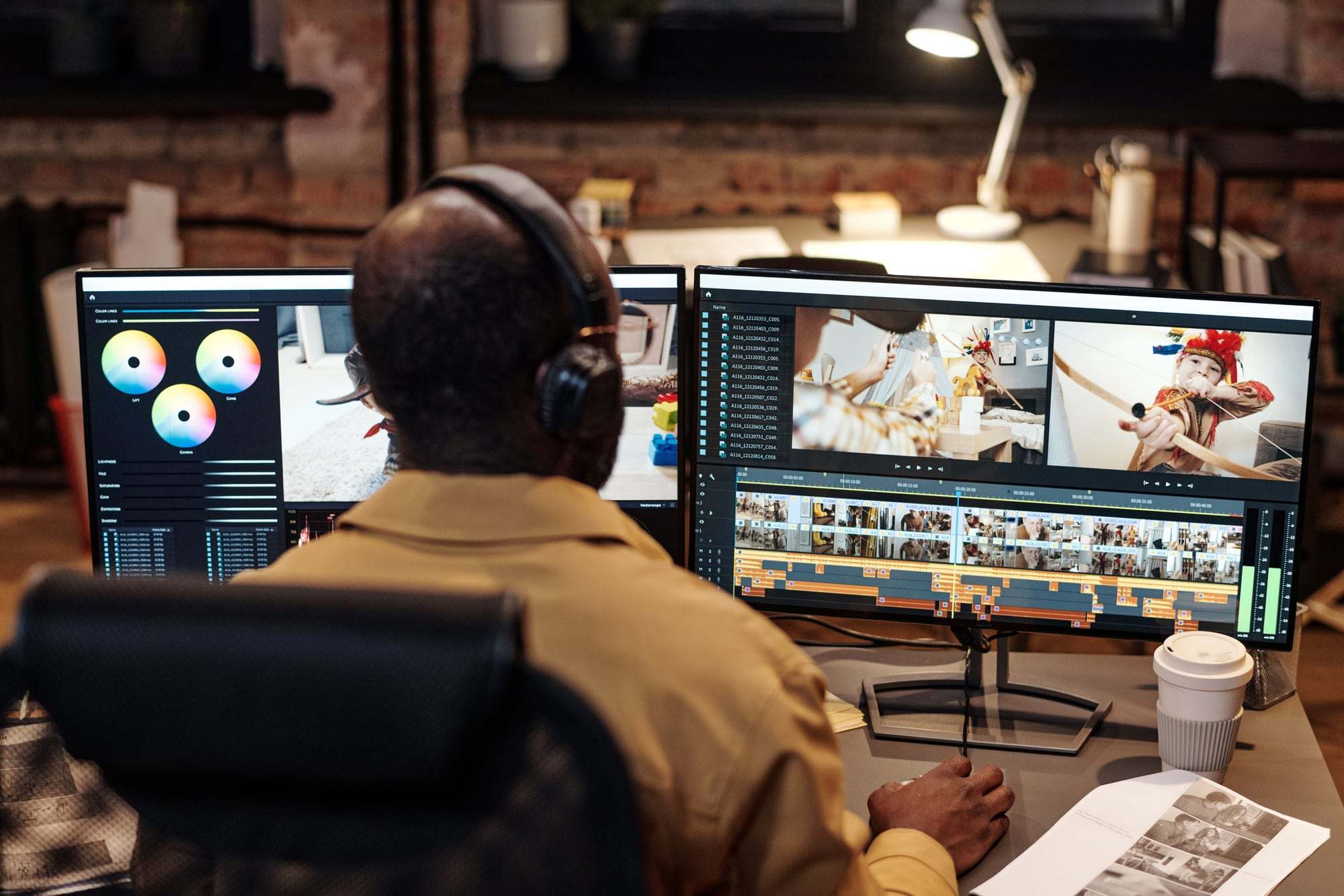 Een motion designer werkt op twee schermen aan animaties