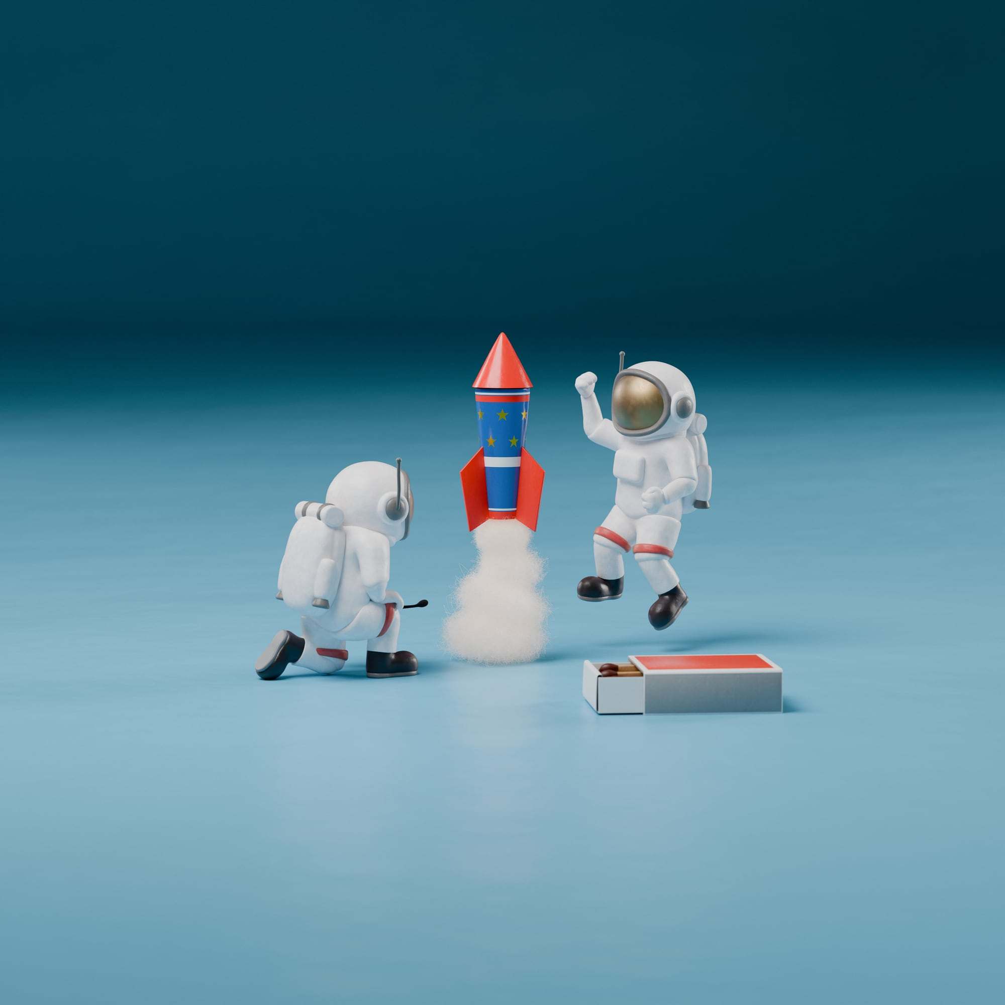 Een 3D-render van twee astronautfiguren die een speelgoedraket lanceren