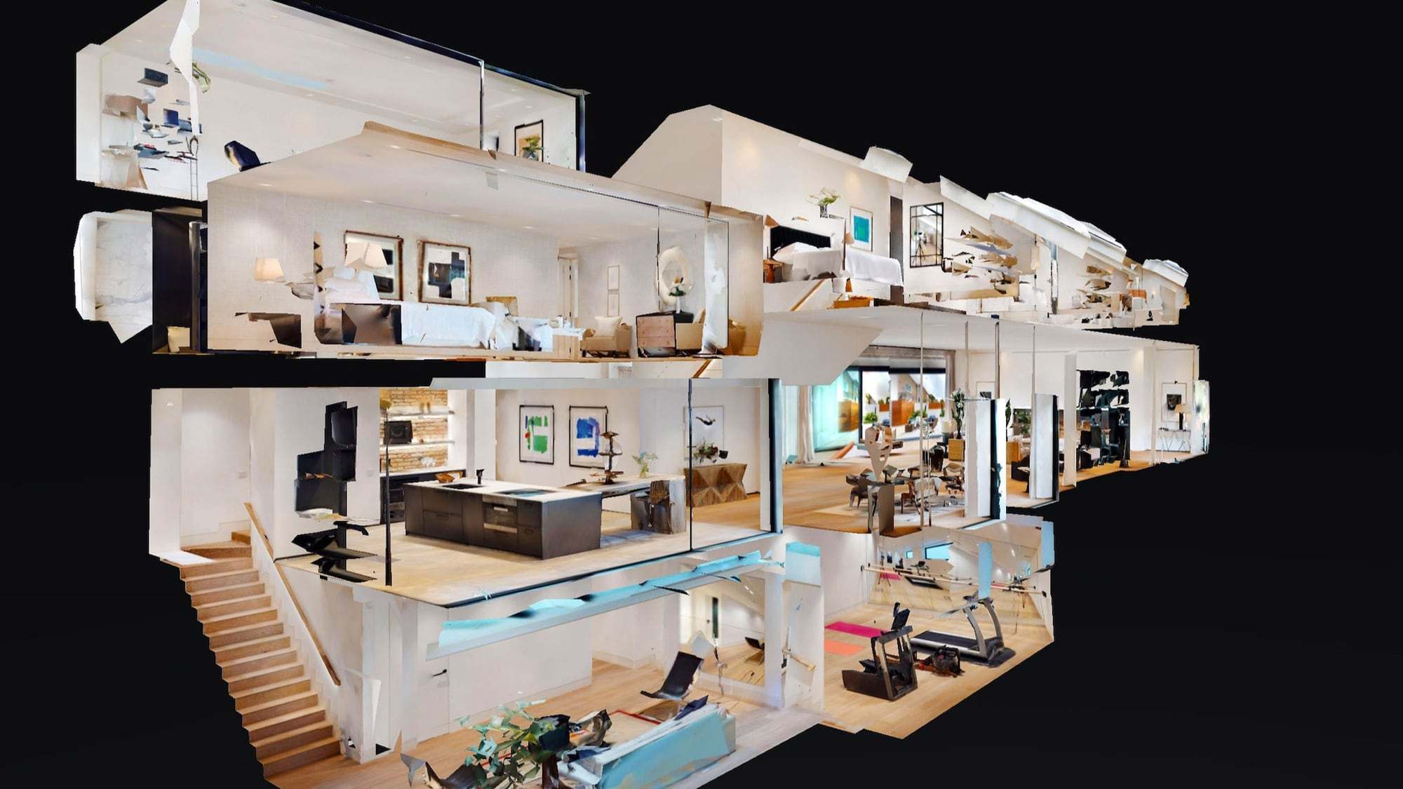 Een 3D-doorsnede van een ingericht gebouw, zoals in een virtuele rondleiding