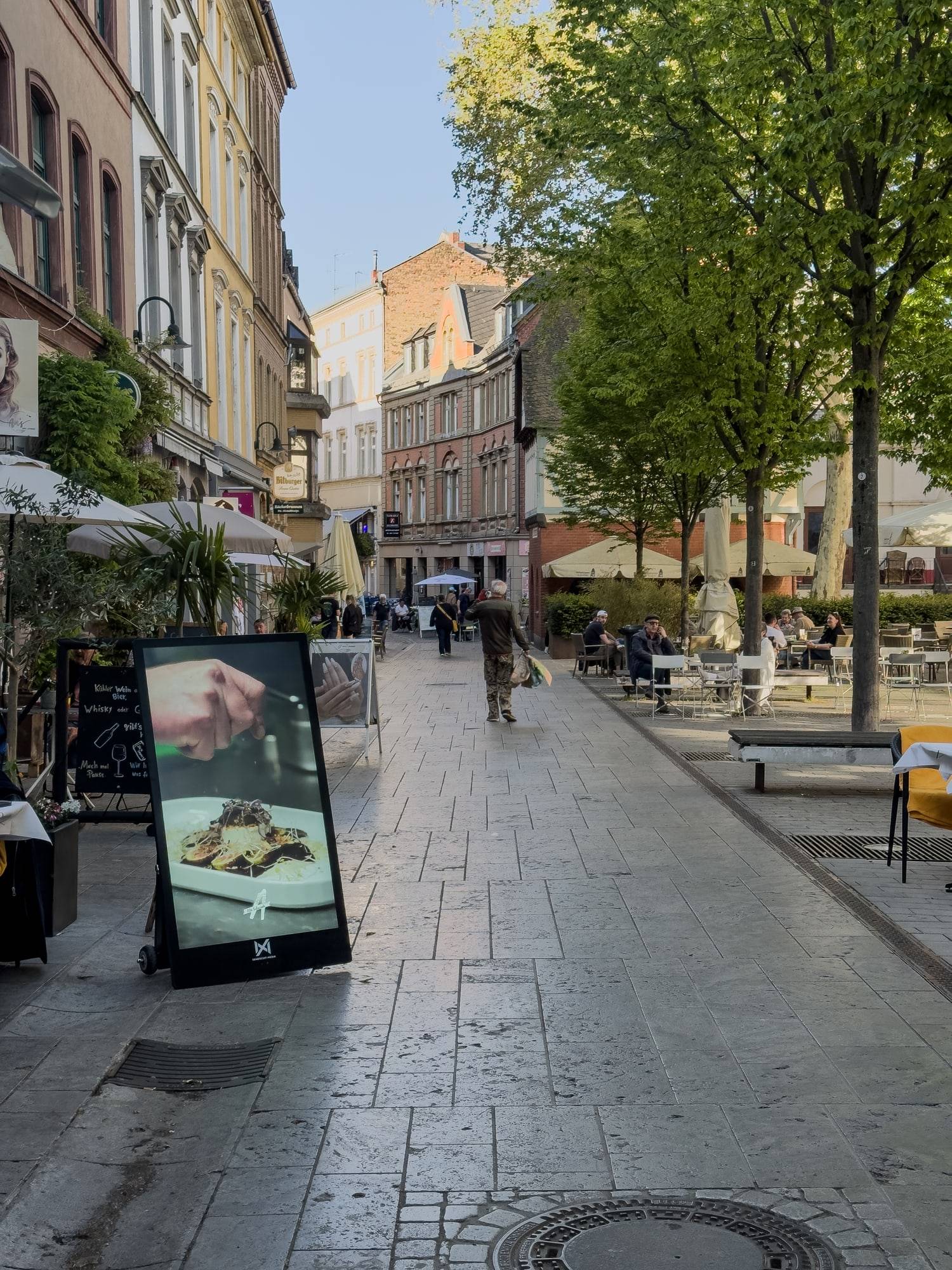Seabiscuit-scherm in een voetgangersstraat met bomen