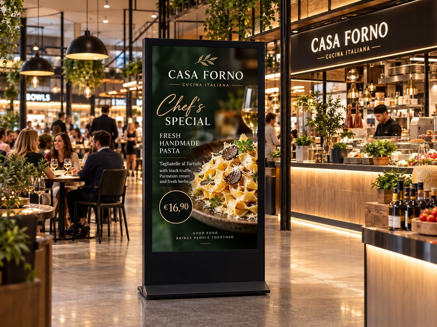 Seabiscuit-binnenscherm met een pasta-aanbieding bij een restaurantbalie in een foodhal