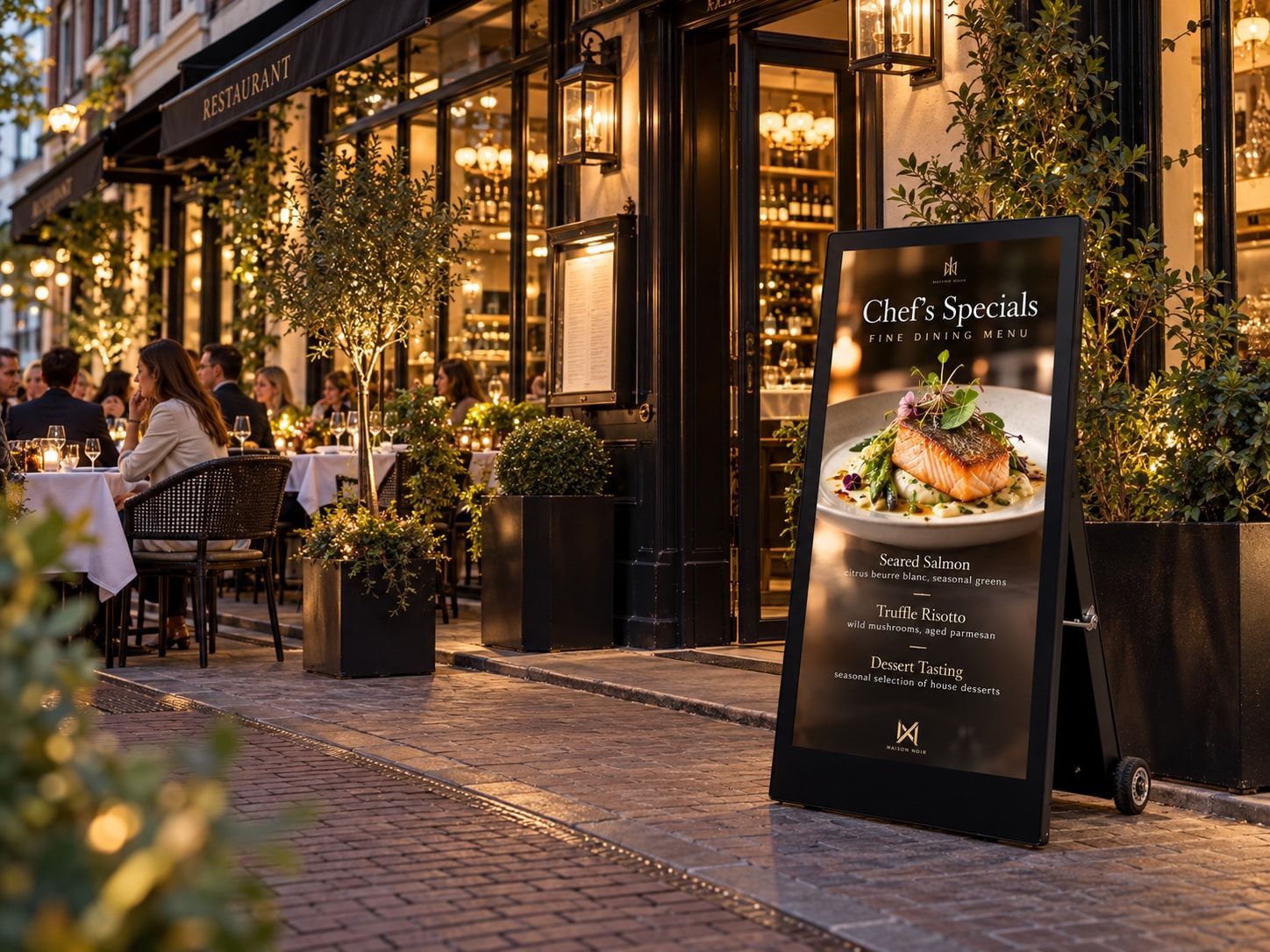 Digitaal Seabiscuit-stoepbord met een dinermenu voor een restaurantterras
